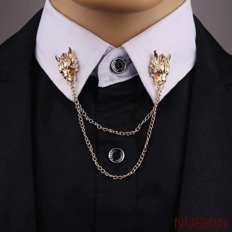 Men's Chain Wolf Pin For Suit Tide Corsage Brooch Pins Collar Decorated Men Chain Brooch Wolf Head Shirt Accessories